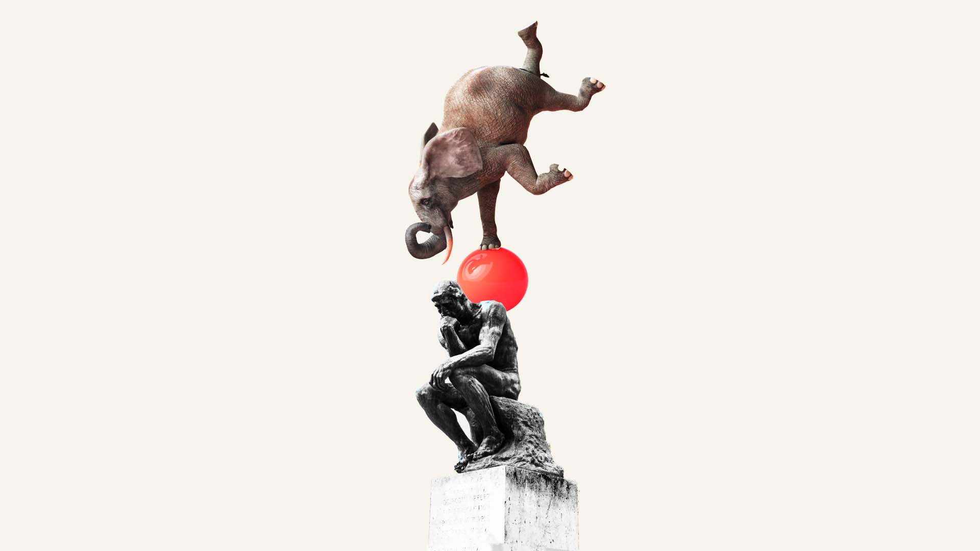 A graphic of an elephant balancing on a red ball above “The Thinker” statue. 