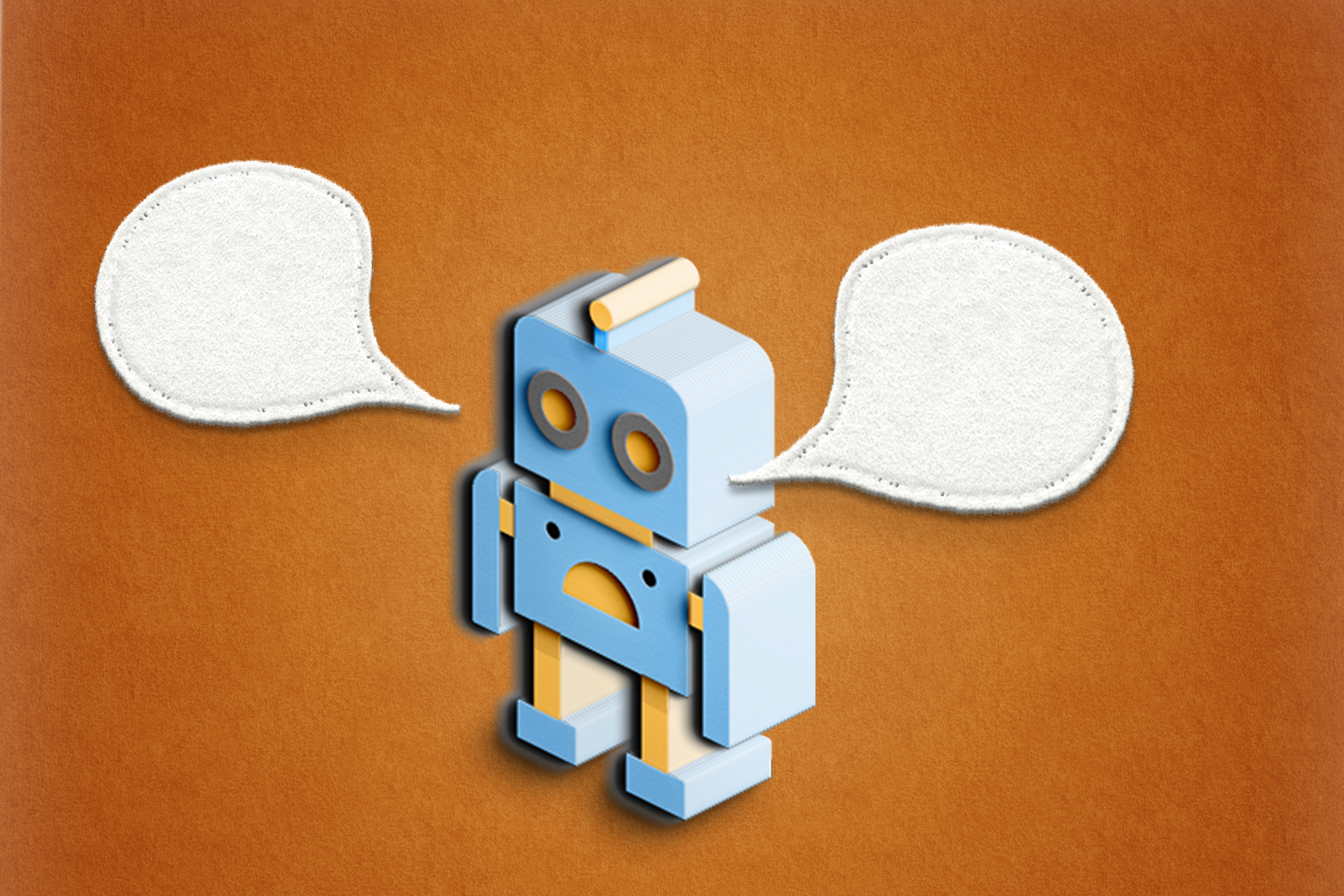 Illustration of a robot with cartoon word bubbles coming out of its mouth.
