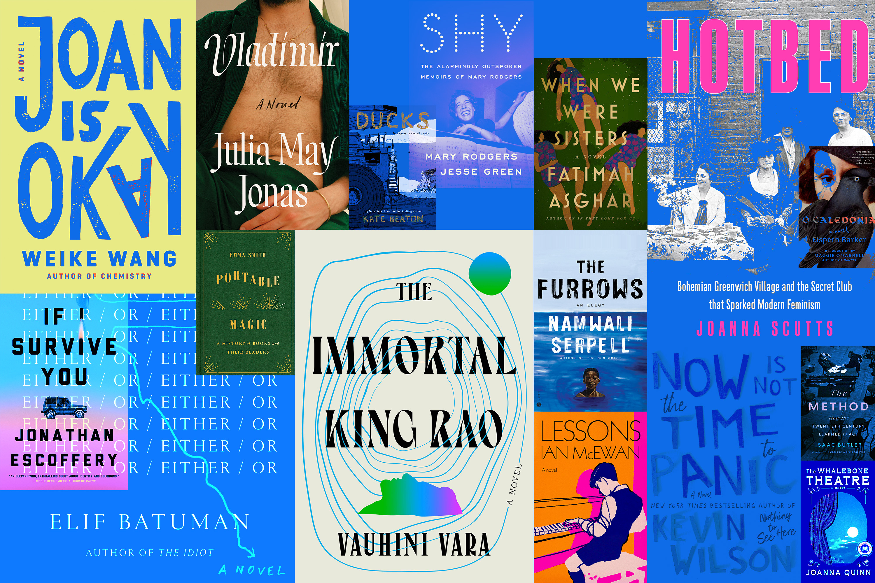 A collage of book covers, including “The Immortal King Rao and “Joan Is Okay.”