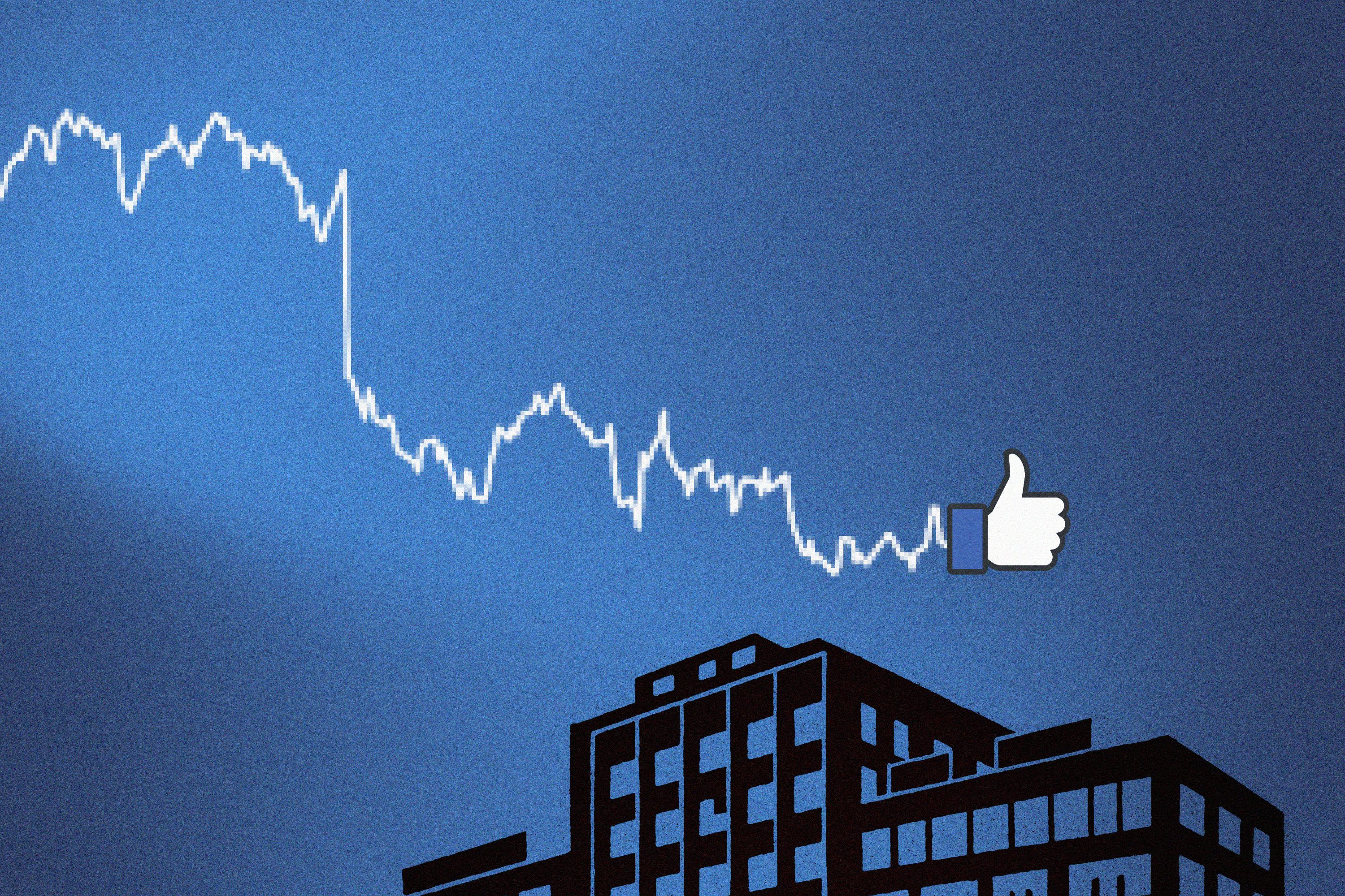Illustration of a jagged downward-trending graph line with a Facebook thumbs-up logo at the bottom end of it.