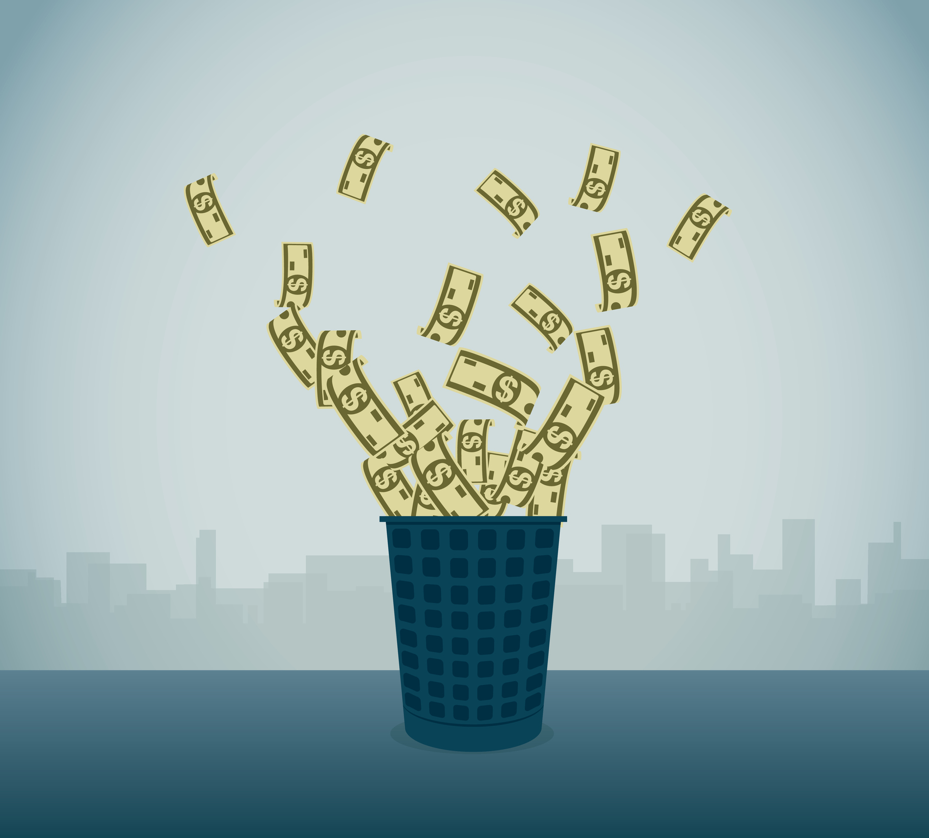 An illustration of money flying out of a trash can.