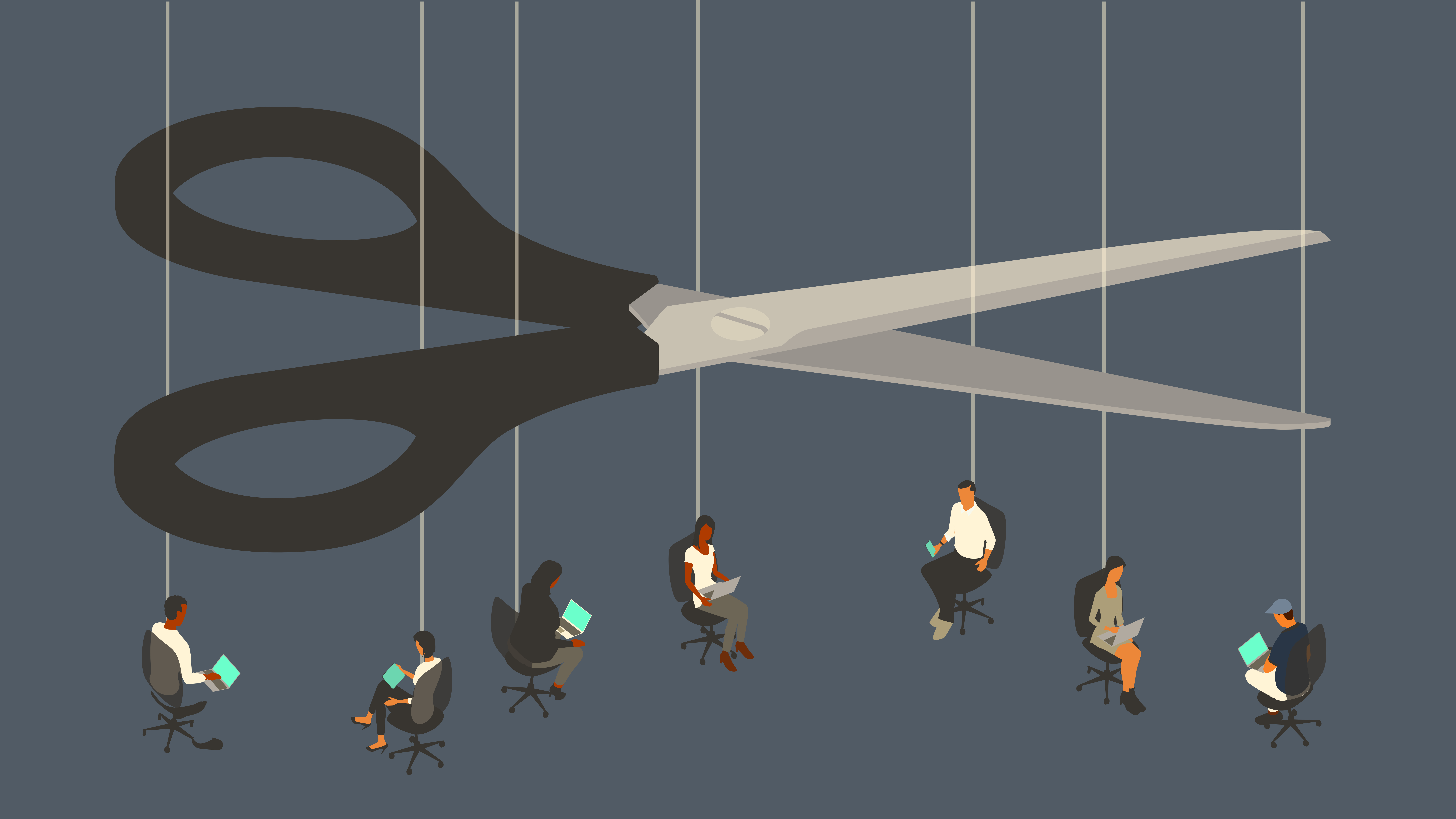 Layoffs are illustrated by an oversized pair of scissors, that looms over seven workers sitting in office chairs suspended by strings.