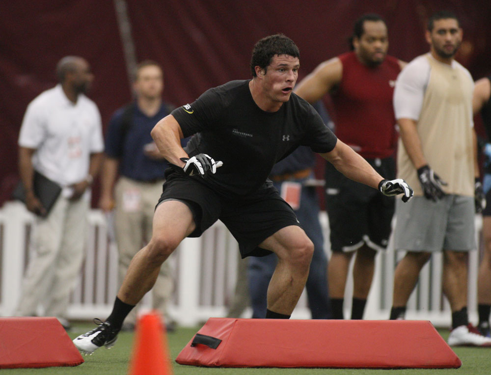 CHESTNUT HILL, MA- Luke Kuechly, formerly of the Boston College Eagles football team, works out for scouts at the annual Boston College Pro Day in the bubble at Alumni Stadium (Photo via Boston College).