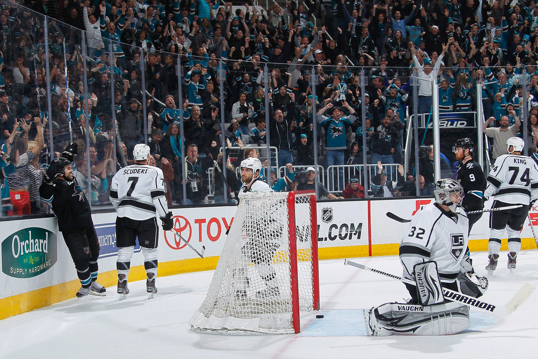 SAN JOSE, CA- APRIL 7: Dan Boyle #22 of the San Jose Sharks celebrates his winning goal against the Los Angeles Kings at HP Pavilion on April 7, 2012 in San Jose, California. (Photo by Don Smith/NHLI via Getty Images)