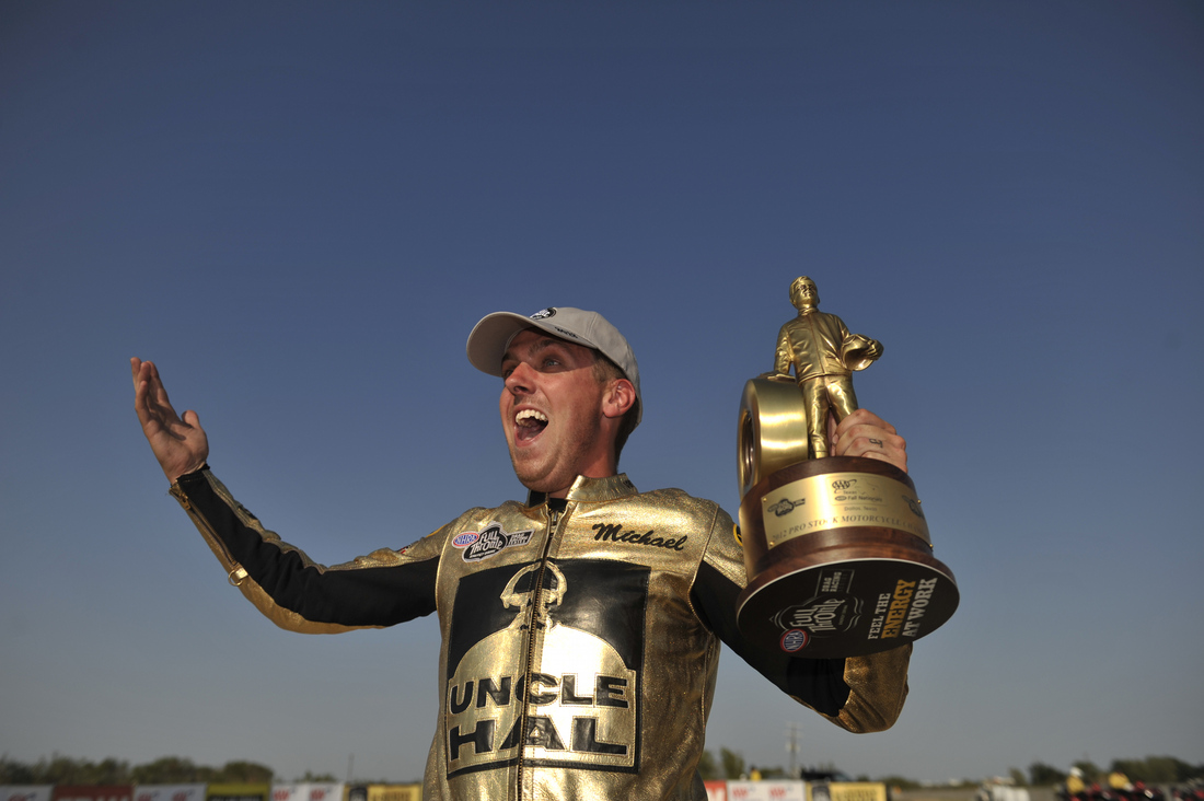 Michael Ray celebrates his NHRA Pro Stock Motorcycle victory Sunday at the AAA Texas Fall Nationals, south of Dallas. It was his first in the series, and it ended the Harley-Davidson team's 13-race winning streak. (Photo courtesy of the NHRA)