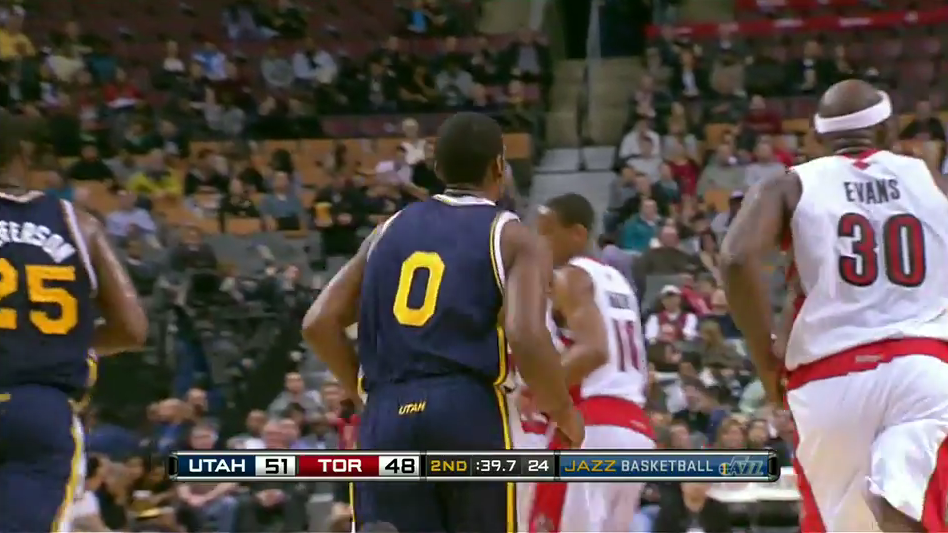 You probably can't tell from this angle, but that's Marcus Cousin making his debut for the Utah Jazz.
Screencap courtesy of James Herbert  of <a href="http://www.outsidethenba.com/" target="new">outsidethenba</a>.
