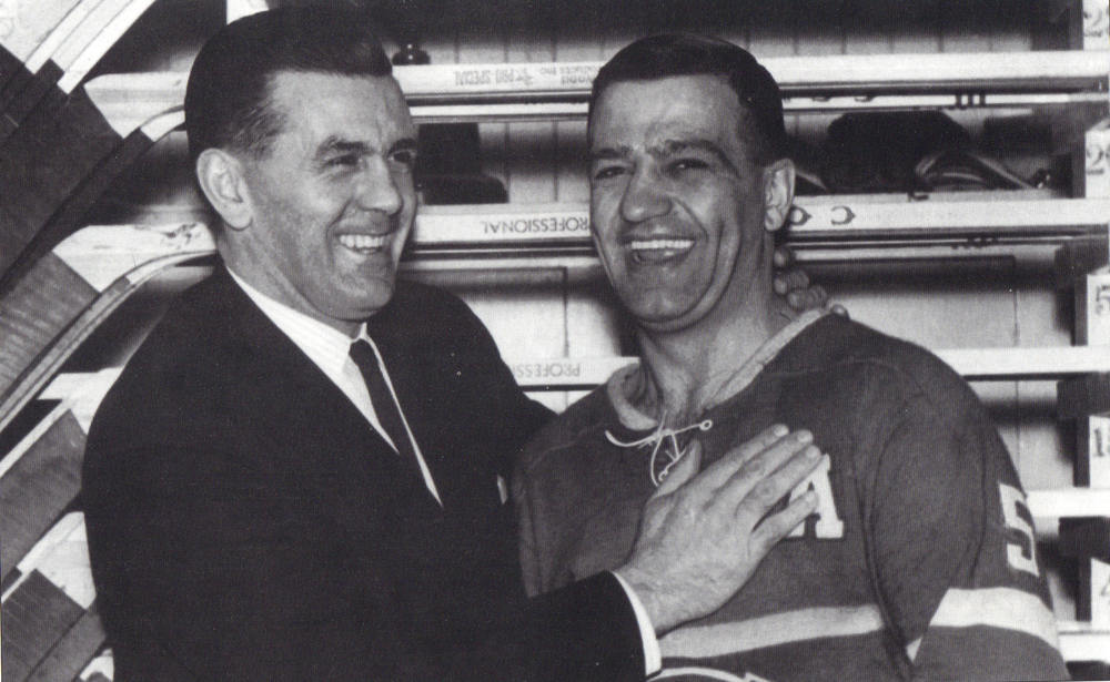 Maurice "Rocket" Richard congratulates Bernie "Boom Boom" Geoffrion for tying his 50-goal record, on March 16, 1951 PHOTO - Denis Brodeur