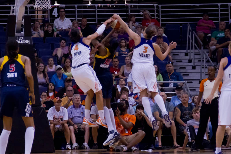 Candice Dupree and Diana Taurasi combine for a block on Jessica Davenport of the Indiana Fever. (Photo by Ryan Malone, SB Nation Arizona)