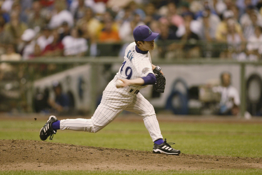 Byung-Hyun Kim throws a pitch during the MLB All Star Game July 9, 2002 at Miller Park in Milwaukee.