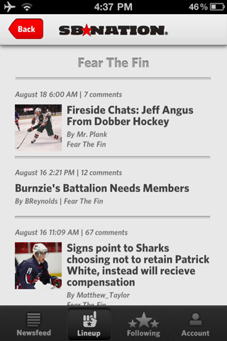 <em>Fear The Fin in action on SBN's new iPhone app.</em>