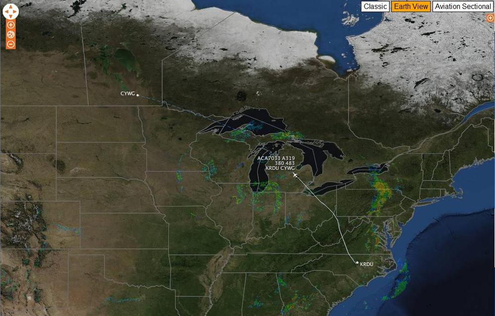 Courtesy of <a href="http://flightaware.com/live/flight/ACA7033" target="new">FlightAware.com</a>, the Hurricanes' were about halfway to Winnipeg by 3:30pm ET today. It's a 2 hour 45 minute flight covering a little over 1600 miles. 