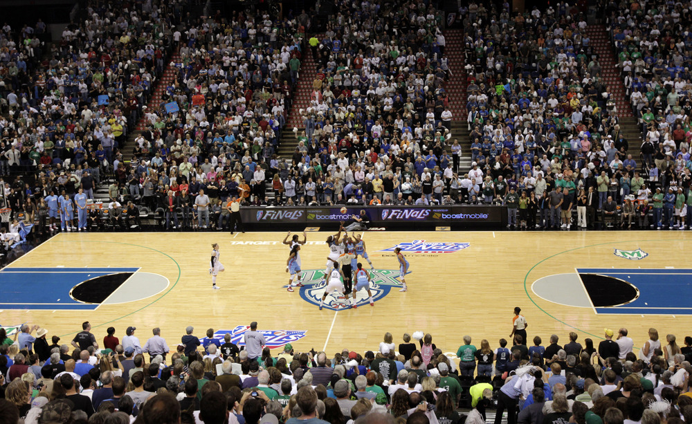 The WNBA Finals Game 1 crowd of 15,258 at the Target Center in Minneapolis was the second-largest in Lynx franchise history. (photo courtesy of WNBA/Samantha Tager)