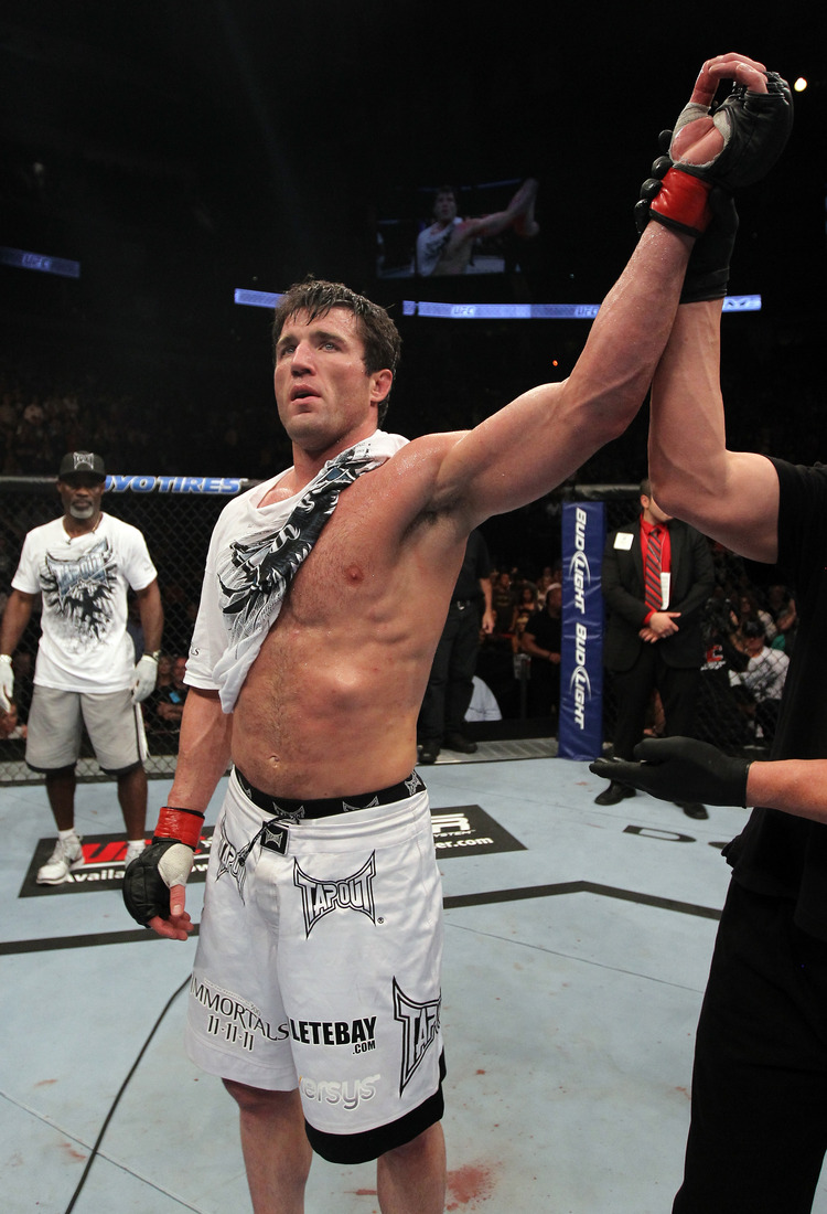 HOUSTON, TX - OCTOBER 08: Chael Sonnen reacts after defeating Brian Stann by submission during the UFC 136 event at Toyota Center on October 8, 2011 in Houston, Texas. (Photo by Nick Laham/Zuffa LLC/Zuffa LLC via Getty Images)