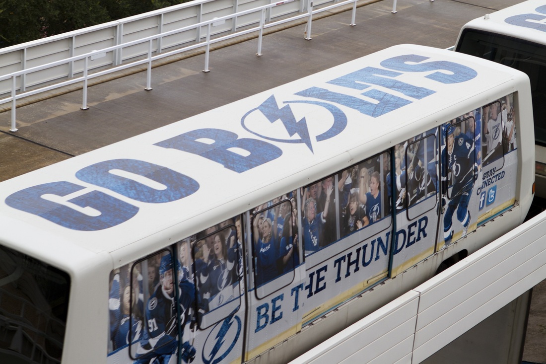 The tram connecting Tampa International Airport's main terminal and "Airside A", decked out in Tampa Bay Lightning colors. (photo courtesy of the Tampa Bay Lightning)
