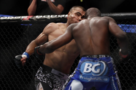 Robert Peralta and Mackens Semerzier collide heads at UFC on Fox 1. (Photo by Esther Lin via MMAFighting.com)