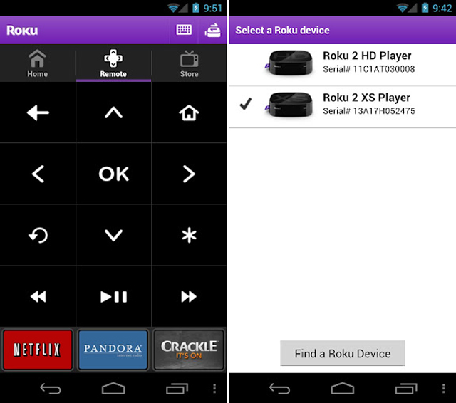 Roku app for Android screenshots