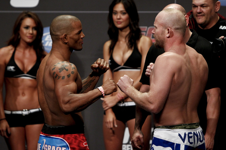Hector Lombard and Tim Boetsch face off during the UFC 149 weigh-ins at the Scotiabank Saddledome in Calgary, Alberta, Canada on Friday, July, 20, 2012. - Esther Lin, MMA Fighting