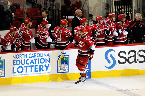 The Carolina Hurricanes bench celebrates Jerome Samson's first NHL goal, in a game against the Philadelphia Flyers on January 10, 2012.  (author's photo)