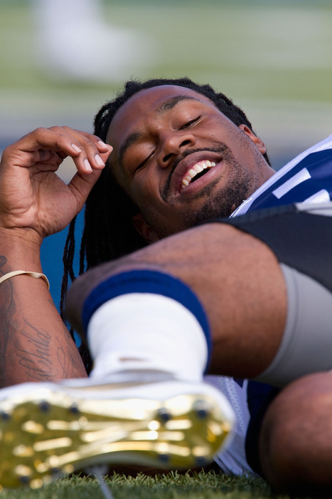 EARTH CITY MO - JULY 31: Steven Jackson #39 of the St. Louis Rams stretches during training camp at the Russell Athletic Training Facility on July 31 2010 in Earth City Missouri.  (Photo by Dilip Vishwanat/Getty Images)