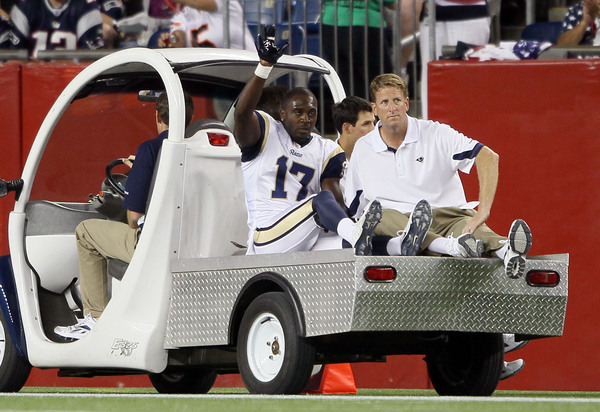 FOXBORO MA - AUGUST 26:  Donnie Avery #17 of the St. Louis Rams is carted off the field in the second quarter against the New England Patriots on August 26 2010 at Gillette Stadium in Foxboro Massachusetts.  (Photo by Elsa/Getty Images)