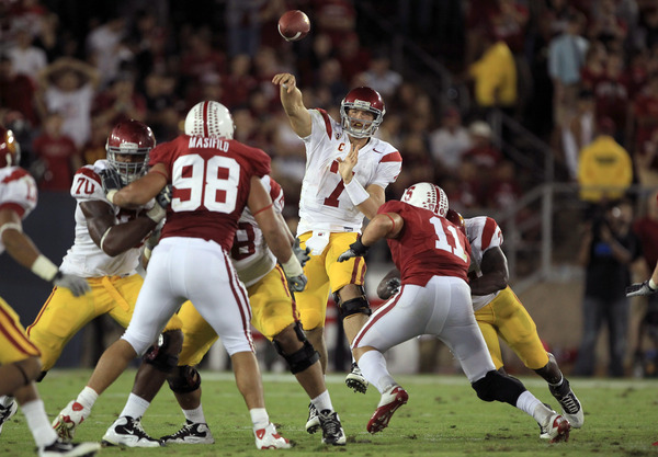 PALO ALTO, CA - OCTOBER 09:  Matt Barkley #7 of the USC Trojans passes the ball during their game against the Stanford Cardinal at Stanford Stadium on October 9, 2010 in Palo Alto, California.  (Photo by Ezra Shaw/Getty Images)