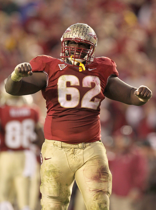 TALLAHASSEE FL - NOVEMBER 27: Rodney Hudson #62 of the Florida State Seminoles celebrates a touchdown during a game against the Florida Gators at Doak Campbell Stadium on November 27 2010 in Tallahassee Florida.  (Photo by Mike Ehrmann/Getty Images)