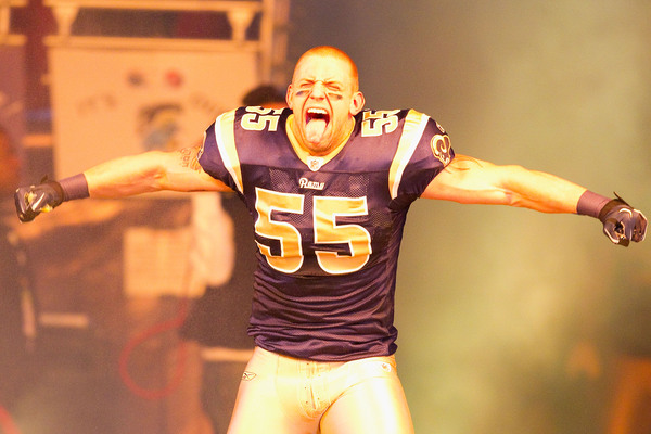 James Laurinaitis #55 of the St. Louis Rams is introduced prior to playing the Kansas City Chiefs at the Edward Jones in St. Louis Missouri. (Photo by Dilip Vishwanat/Getty Images)