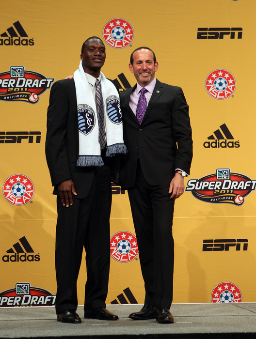 Sporting KC forward CJ Sapong with MLS Commissioner Don Garber at the 2011 MLS SuperDraft. Will Peter Vermes strike gold once again in 2012?(Photo by Ned Dishman/Getty Images)