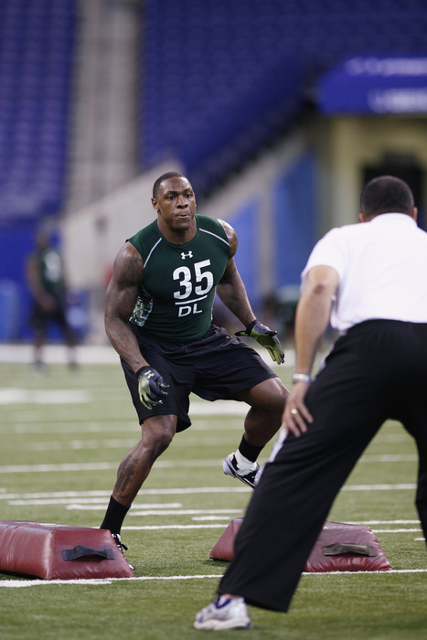 INDIANAPOLIS, IN - FEBRUARY 28: Defensive lineman Dontay Moch of Nevada runs a drill during the 2011 NFL Scouting Combine at Lucas Oil Stadium on February 28, 2011 in Indianapolis, Indiana. (Photo by Joe Robbins/Getty Images)