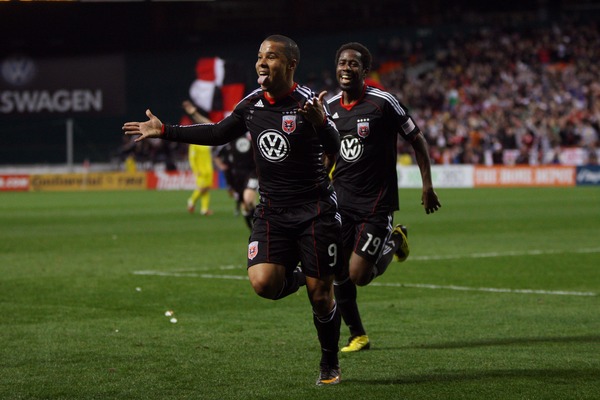 WASHINGTON, D.C. - MARCH 19: Charlie Davies #9 of D.C. United celebrates after scoring a goal against the Columbus Crew at RFK Stadium on March 19, 2011 in Washington, DC. (Photo by Ned Dishman/Getty Images)