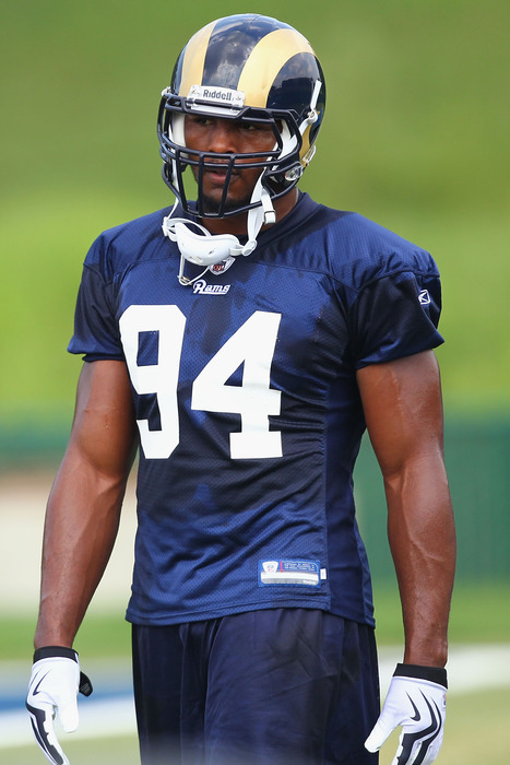 EARTH CITY, MO - JULY 31:  Robert Quinn #94 of the St. Louis Rams looks on during training camp at the Russell Training Center on July 31, 2011 in Earth City, Missouri.  (Photo by Dilip Vishwanat/Getty Images)