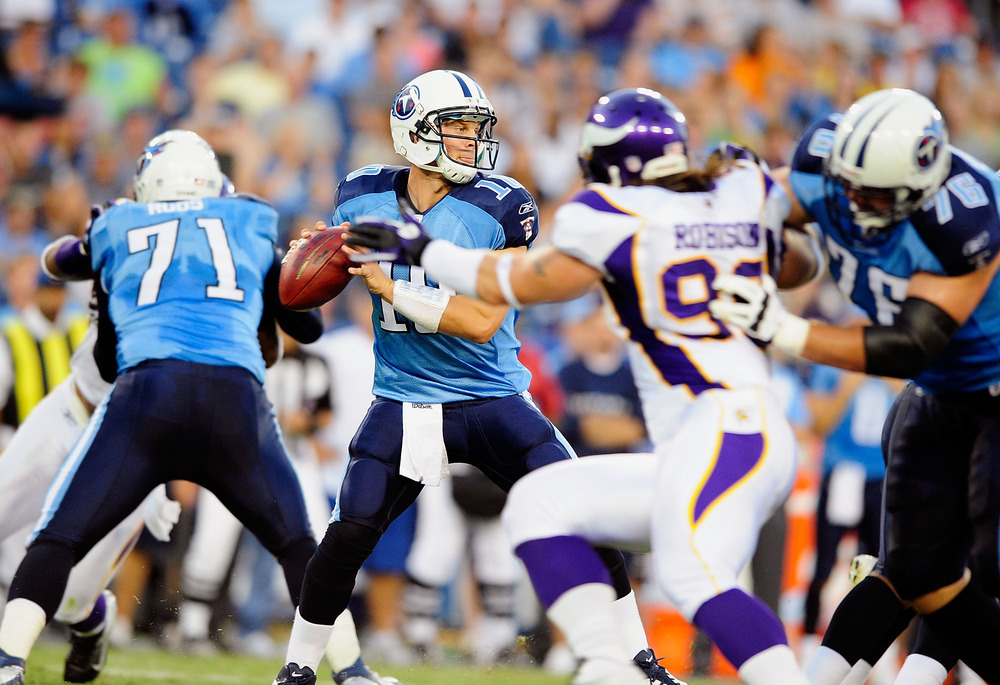 NASHVILLE, TN - AUGUST 13:  Quarterback Jake Locker #10 of the Tennessee Titans drops back to pass against the Minnesota Vikings during a preseason game at LP Field on August 13, 2011 in Nashville, Tennessee.  (Photo by Grant Halverson/Getty Images)