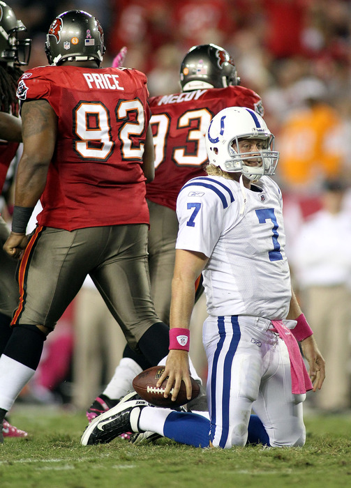 TAMPA, FL - OCTOBER 03:  Quarterback Curtis Painter #7 of the Indianapolis Colts reacts after being sacked against the Tampa Bay Buccaneers at Raymond James Stadium on October 3, 2011 in Tampa, Florida.  (Photo by Marc Serota/Getty Images)