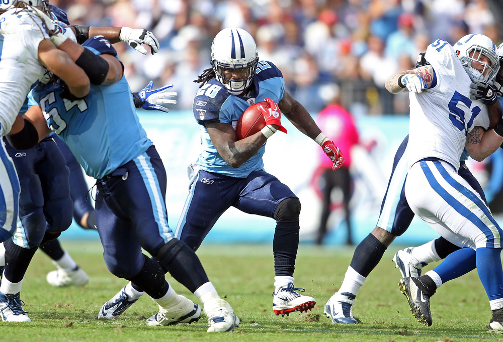 NASHVILLE, TN - OCTOBER 30:  Chris Johnson #28 of the Tennessee Titans runs with the ball during the NFL game against the Indianapolis Colts at LP Field on October 30, 2011 in Nashville, Tennessee.  (Photo by Andy Lyons/Getty Images)