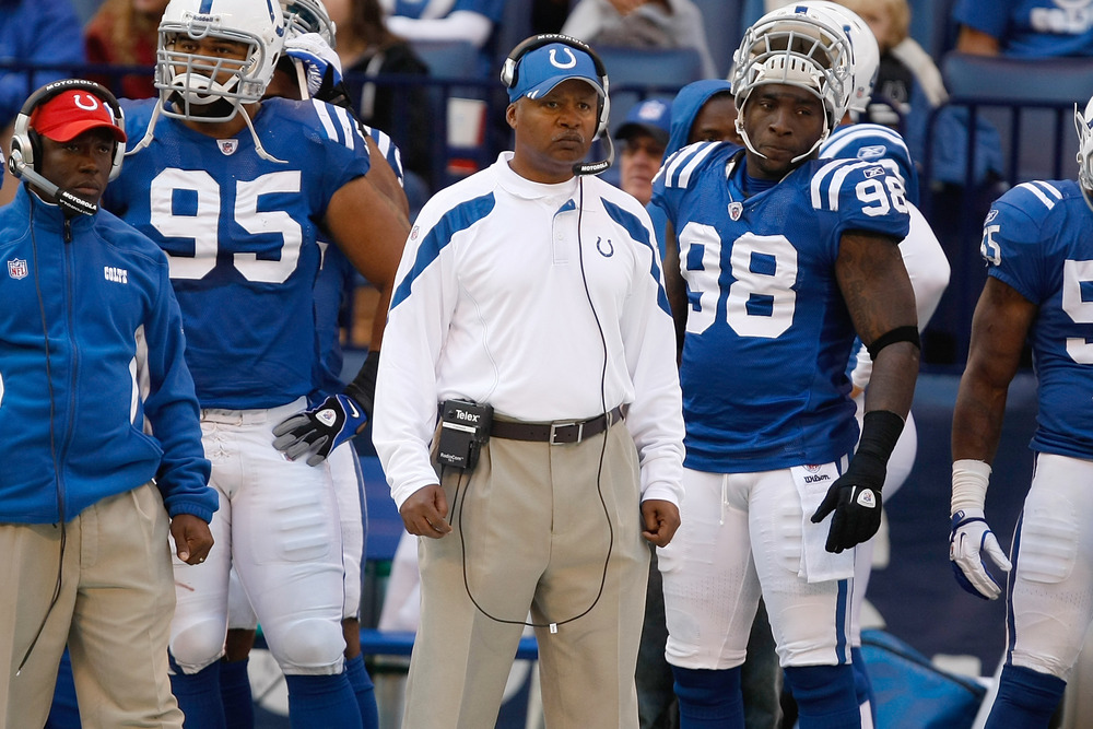 INDIANAPOLIS, IN - NOVEMBER 6: Jim Caldwell of the Indianapolis Colts looks on during the game against the Atlanta Falcons at Lucas Oil Stadium on November 6, 2011 in Indianapolis, Indiana. (Photo by Scott Boehm/Getty Images)