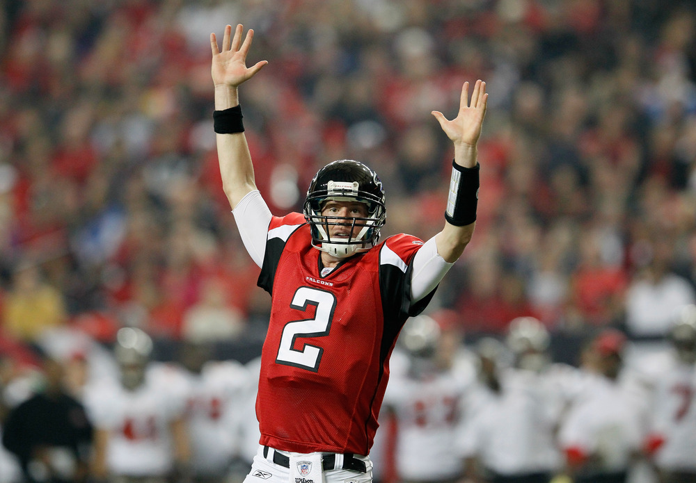 ATLANTA, GA - JANUARY 01:  Matt Ryan #2 of the Atlanta Falcons reacts during a third down rush he thought was a touchdown against the Tampa Bay Buccaneers at Georgia Dome on January 1, 2012 in Atlanta, Georgia.  (Photo by Kevin C. Cox/Getty Images)