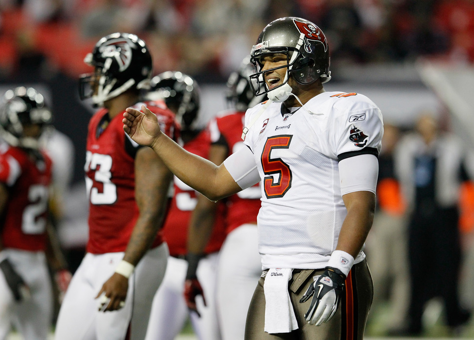 ATLANTA, GA - JANUARY 01:  Josh Freeman #5 of the Tampa Bay Buccaneers reacts after a failed conversion against the Atlanta Falcons at Georgia Dome on January 1, 2012 in Atlanta, Georgia.  (Photo by Kevin C. Cox/Getty Images)