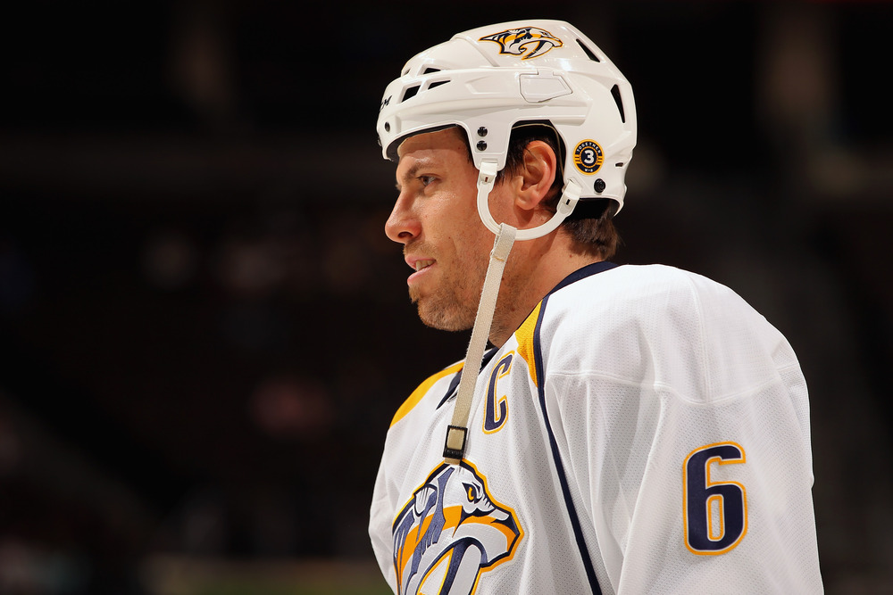 DENVER, CO - JANUARY 10:  Shea Weber #6 of the Nashville Predators looks on during warm ups prior to facing the Colorado Avalanche at the Pepsi Center on January 10, 2012 in Denver, Colorado.  (Photo by Doug Pensinger/Getty Images)