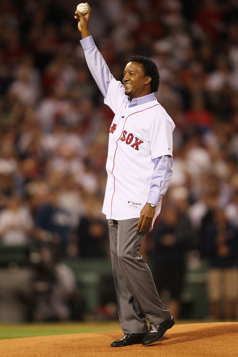 BOSTON - APRIL 04:  Former the Boston Red Sox pitcher Pedro Martinez greets the fans before the game against the New York Yankees on April 4, 2010 during Opening Night at Fenway Park in Boston, Massachusetts.  (Photo by Elsa/Getty Images)