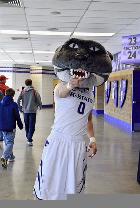 February 25, 2012; Manhattan, KS, USA; The Kansas State Wildcats mascot Willie greets fans before the game against the Iowa State Cyclones at Fred Bramlage Coliseum. Mandatory Credit: Denny Medley-US PRESSWIRE