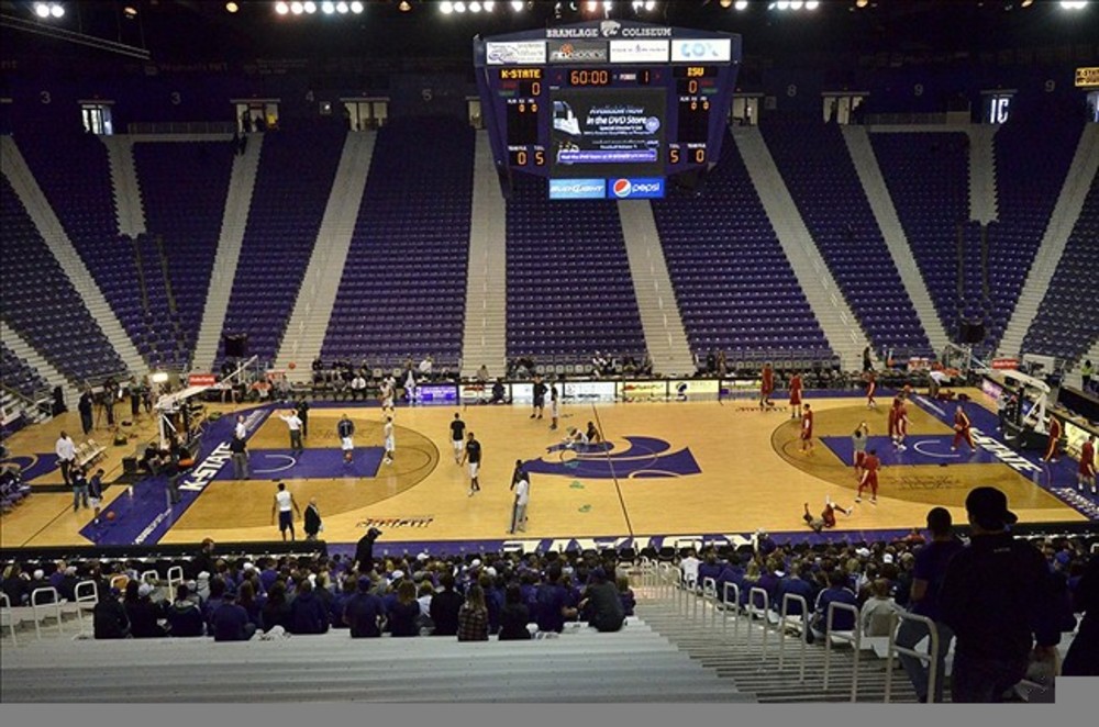 February 25, 2012; Manhattan, KS, USA; Kansas State Wildcats and Iowa State Cyclones warm up before the game at Fred Bramlage Coliseum. Mandatory Credit: Denny Medley-US PRESSWIRE