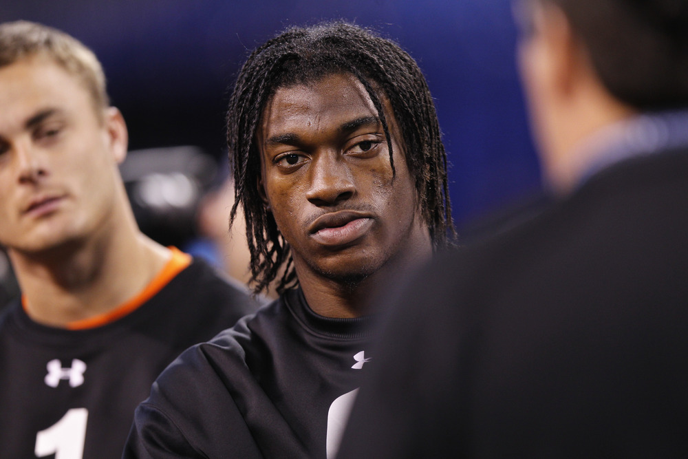 INDIANAPOLIS, IN - FEBRUARY 26: Quarterback Robert Griffin III of Baylor looks on during the 2012 NFL Combine at Lucas Oil Stadium on February 26, 2012 in Indianapolis, Indiana. (Photo by Joe Robbins/Getty Images)