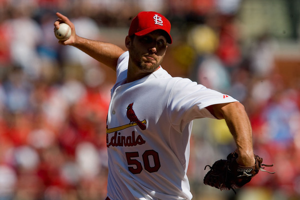 ST. LOUIS, MO - APRIL 12: Starting pitcher Adam Wainwright #50 of the St. Louis Cardinals throws against the Houston Astros in the home opener  at Busch Stadium on April 12, 2010 in St. Louis, Missouri.  (Photo by Dilip Vishwanat/Getty Images)