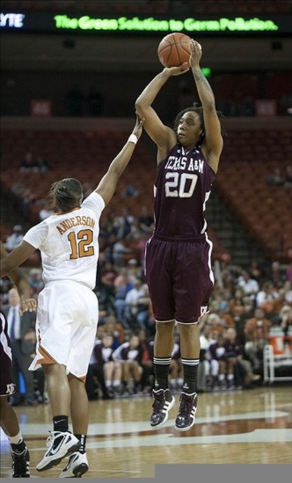 Mar 4 2012; Austin, TX, USA; Texas A&M Aggies guard Tyra White (20) shoots over Texas Longhorns guard Yvonne Anderson (12) during the first half at the Frank Erwin Center. Mandatory Credit: Brendan Maloney-US PRESSWIRE