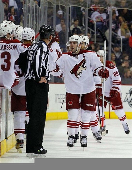 March 6, 2012; Columbus, OH, USA; Phoenix Coyotes defenseman Keith Yandle (3) celebrates his gaol against the Columbus Blue Jackets during the second period at Nationwide Arena. Mandatory Credit: Russell LaBounty-US PRESSWIRE