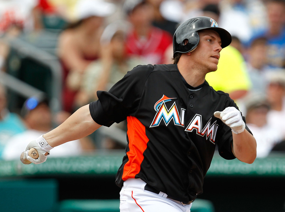 JUPITER, FL - MARCH 13: Logan Morrison #5 of the Miami Marlins bats during a game against the Atlanta Braves at Roger Dean Stadium on March 13, 2012 in Jupiter, Florida.  (Photo by Sarah Glenn/Getty Images)