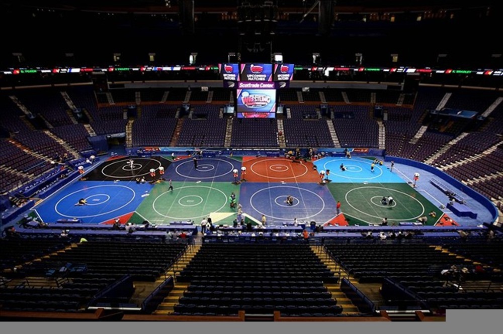 March 14, 2012; St. Louis, MO, USA; A general view of the eight wrestling mats on the arena floor during a practice day prior to the 2012 Division I wrestling championships at the Scottrade Center. Mandatory Credit: Andrew Carpenean-US PRESSWIRE