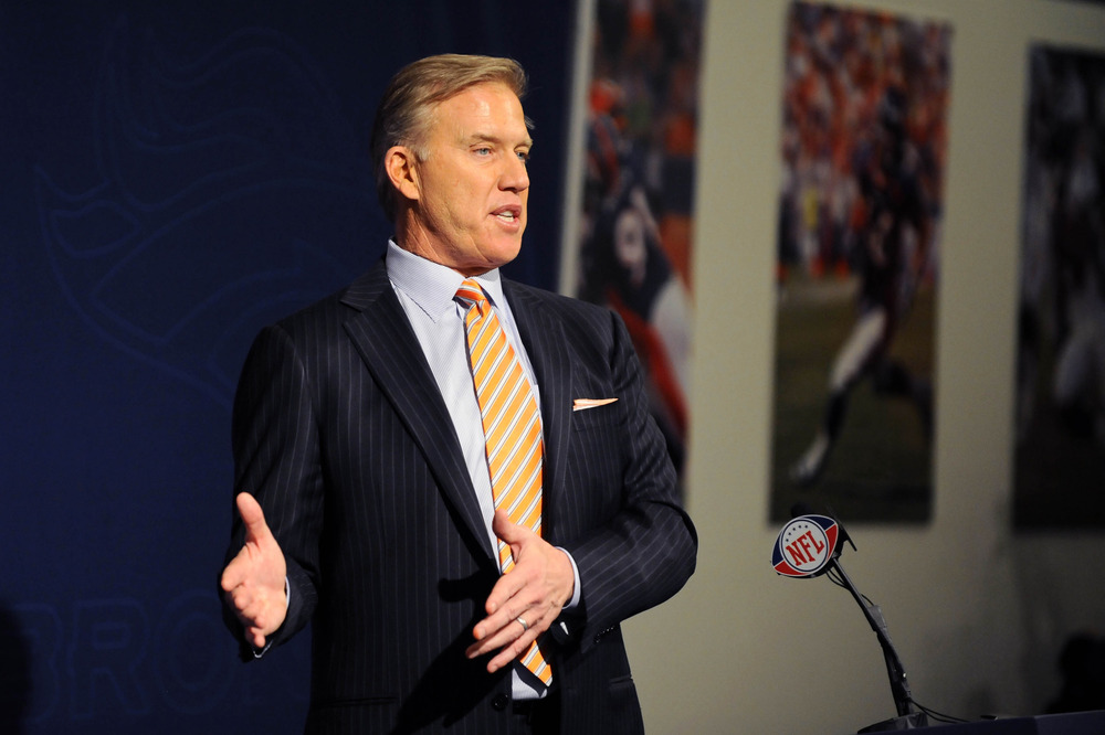 March 20 2012; Englewood, CO, USA; Denver Broncos executive vice president for football operations John Elway speaks during a press conference at Broncos headquarters. Mandatory Credit: Ron Chenoy-US PRESSWIRE