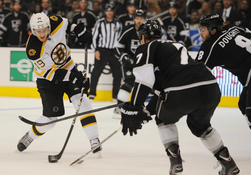 Mar 24, 2012; Los Angeles, CA, USA; Boston Bruins center Tyler Seguin (19) attempts a shot against the Los Angeles Kings during the first period at the Staples Center. Mandatory Credit: Kelvin Kuo-US PRESSWIRE