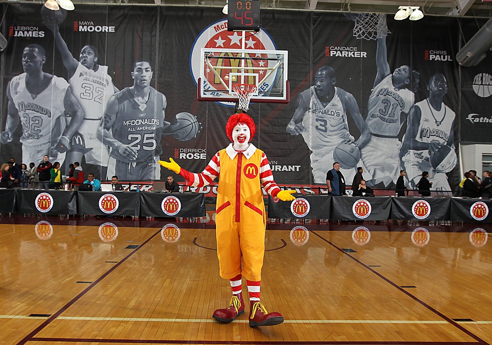 Mar 26, 2012; Chicago, IL, USA; Ronald McDonald poses for a photo after Jam Fest at the Gerald Ratner Athletic Center for the 35th McDonalds All American Game.  Mandatory Credit: Brian Spurlock-US PRESSWIRE